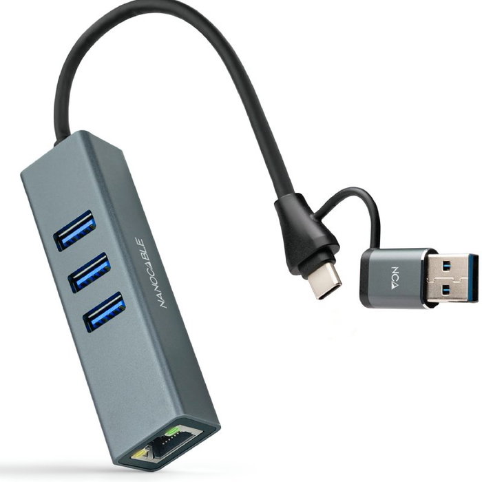 Nanocable Conversor USB-C y USB-A a Ethernet RJ45 y 3xUSB-A 3.0 Gris Nanocable Conversor USB-C y USB-A a Ethernet RJ45 y 3xUSB-A 3.0 Gris